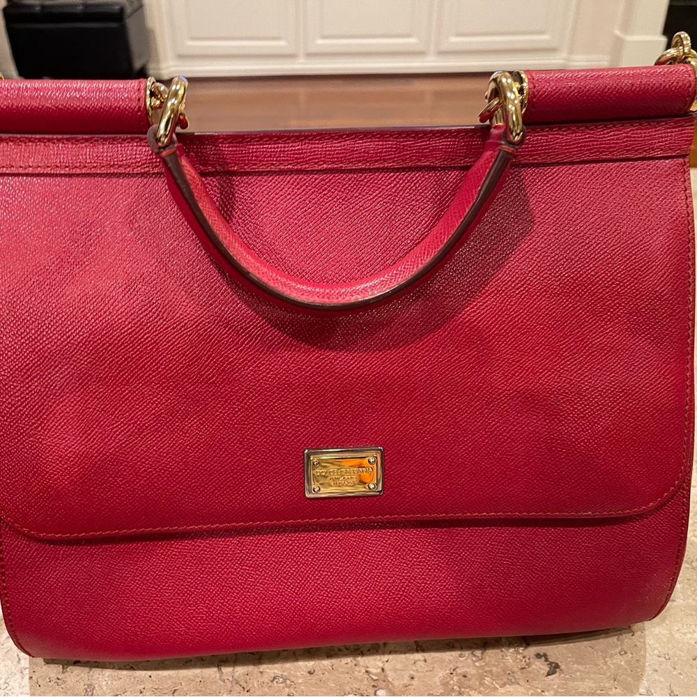 Dolce & Gabbana Sicily Handbag, Red Dauphine Leather, Large, brass trim